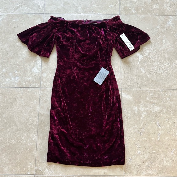 NWT Eliza J Burgundy Wine Crushed Velvet Off The Shoulder Dress, Size 2 - Picture 4 of 6